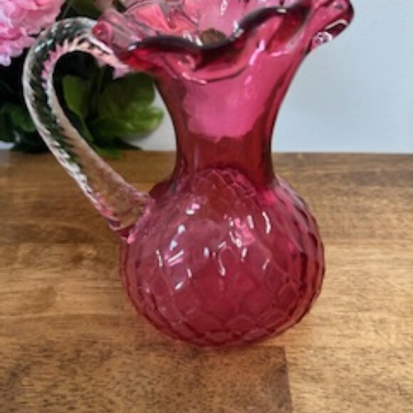 Vintage Cranberry Diamond Quilted Glass Pitcher Hand Blown Ruby Red Jug - Picture 2 of 4